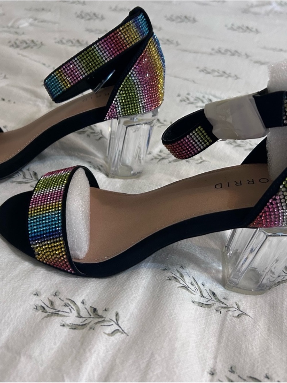 Crystal Embellished Rainbow Block Heel Sandals - Black